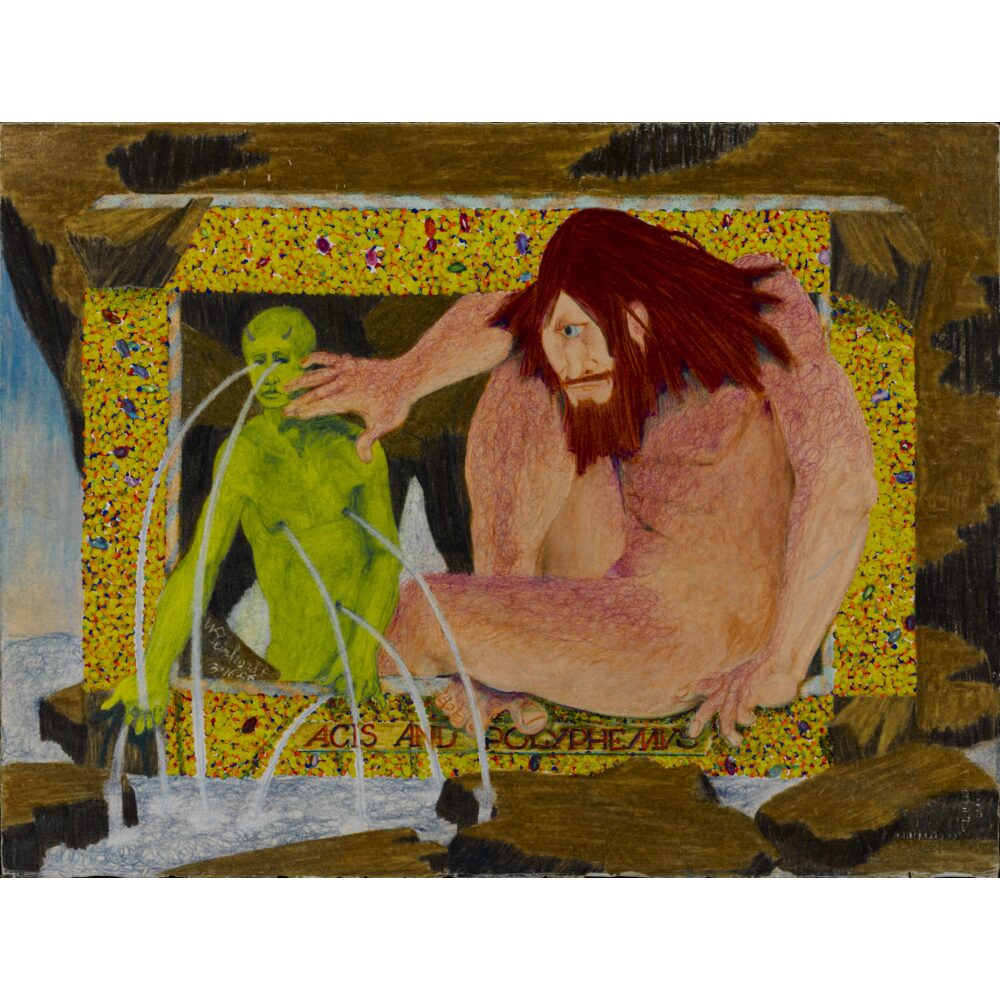 Horizontal painting showing a large reddish-pink figure reaching toward a green figure in a cave-like setting. (Alt-text generated by AI)