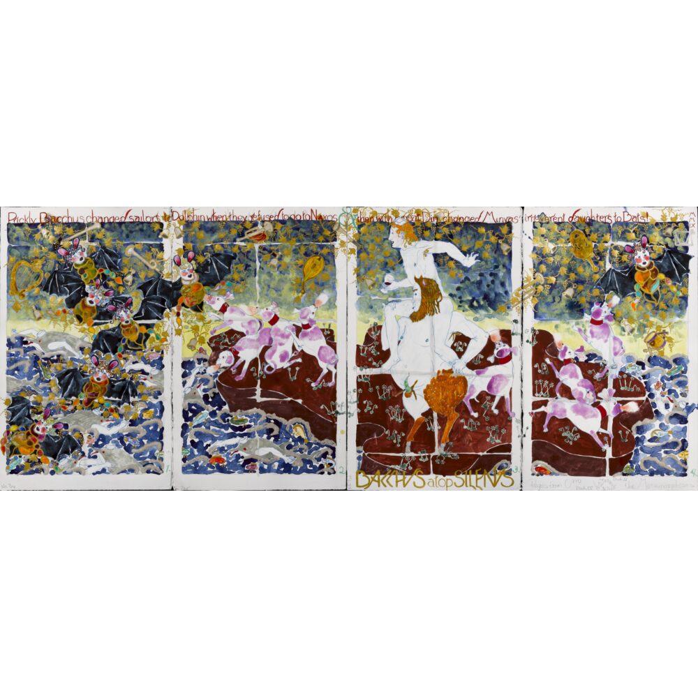 Wide four-panel triptych-style artwork showing dynamic white figures in motion over expressive, colorful landscapes. (Alt-text generated by AI)