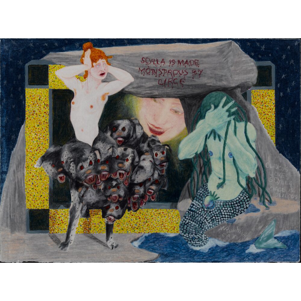 Horizontal artwork depicting figures surrounded by patterned shapes and sea-like textures set against a dark background. (Alt-text generated by AI)