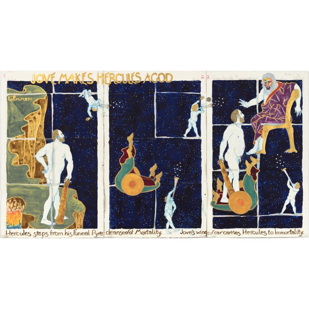 A four-panel horizontal composition against a dark blue starry background titled "JOVE MAKES HERCULES A GOD," depicting Hercules standing beside a club, a winged chariot, and Jove seated on a throne. (Alt-text generated by AI)