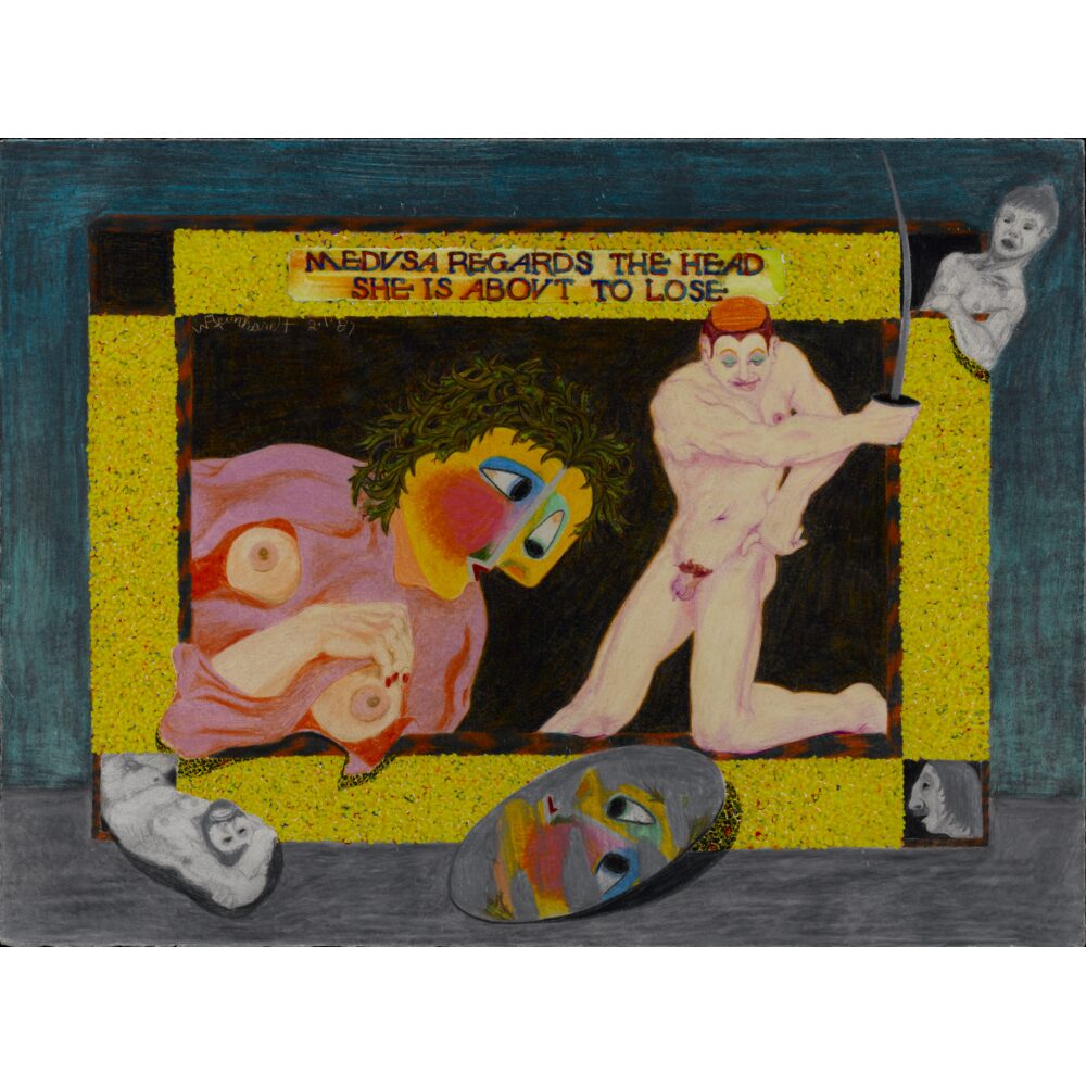 Framed yellow composition showing two stylized figures with prominent text along the top border. (Alt-text generated by AI)