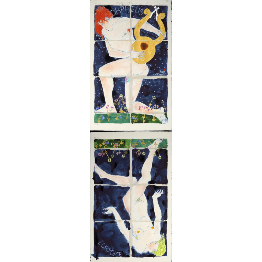 Vertical two-panel artwork featuring white figures posing dynamically against dark, patterned backgrounds. (Alt-text generated by AI)