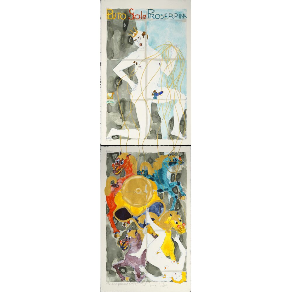 Vertical two-panel image showing a white classical figure on top and a colorful abstract motif below. (Alt-text generated by AI)