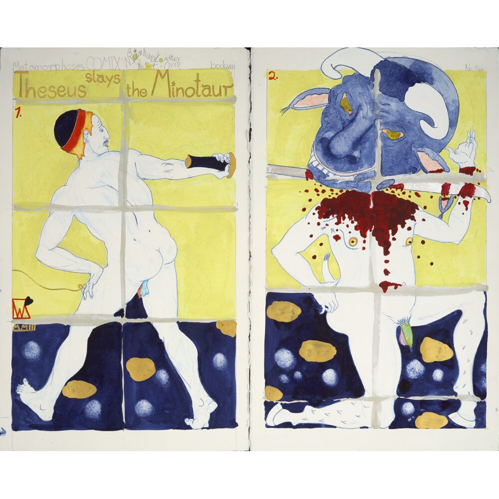 Two-panel side-by-side illustration featuring a white standing figure on the left panel facing a blue creature on the right panel. (Alt-text generated by AI)