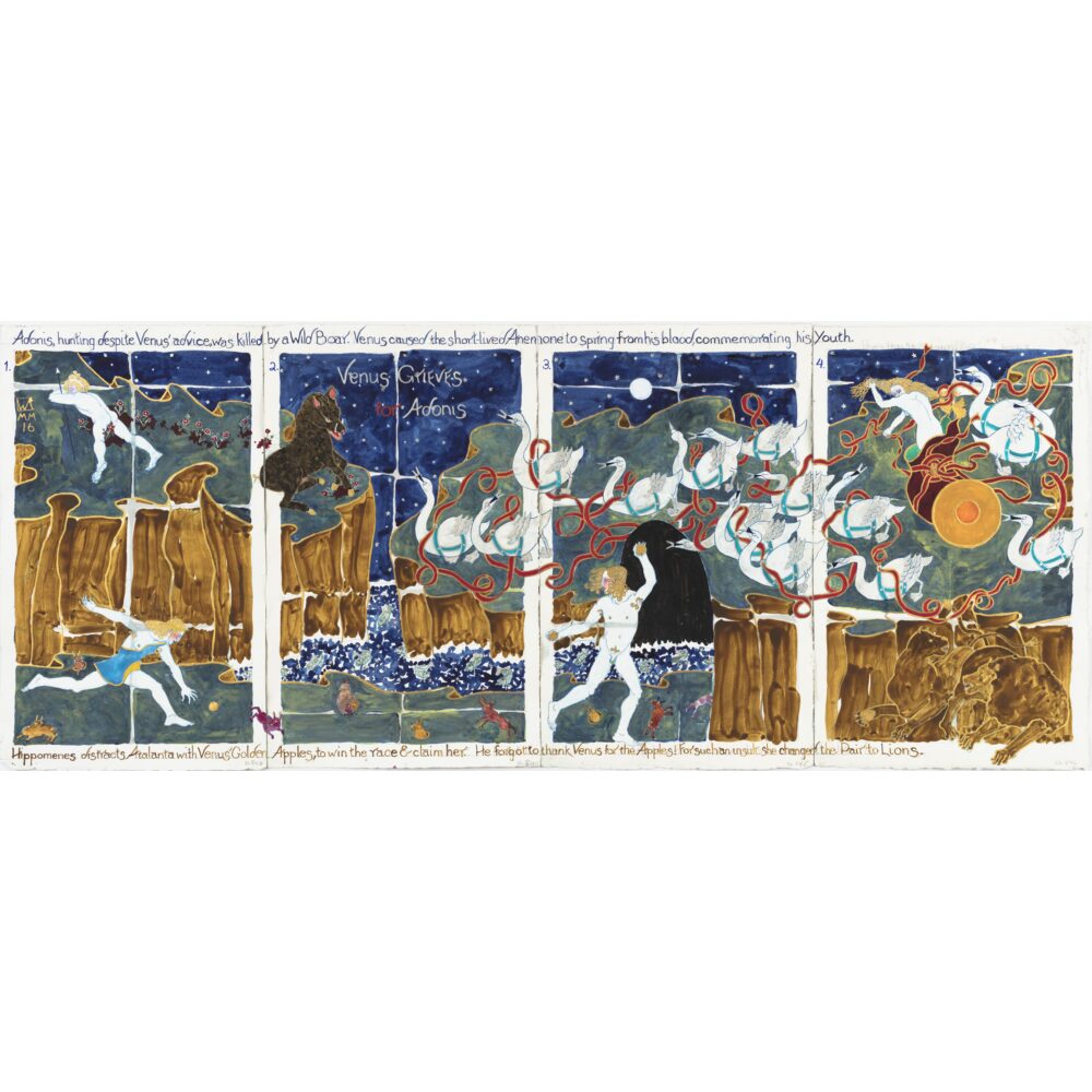A four-panel horizontal artwork illustrating scenes from the myth of Venus and Adonis, featuring swans harnessed in red reins flying across a starry sky, a dark boar, and handwritten text along the top and bottom borders. (Alt-text generated by AI)