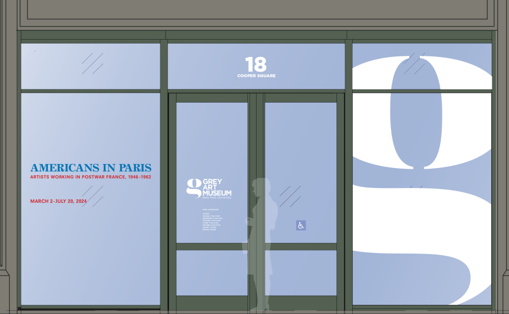 Architect's digital rendering of facade of the Grey Art Museum with graphic building number, museum logo, museum name, hours, and exhibition title and dates on the glass doors and windows.