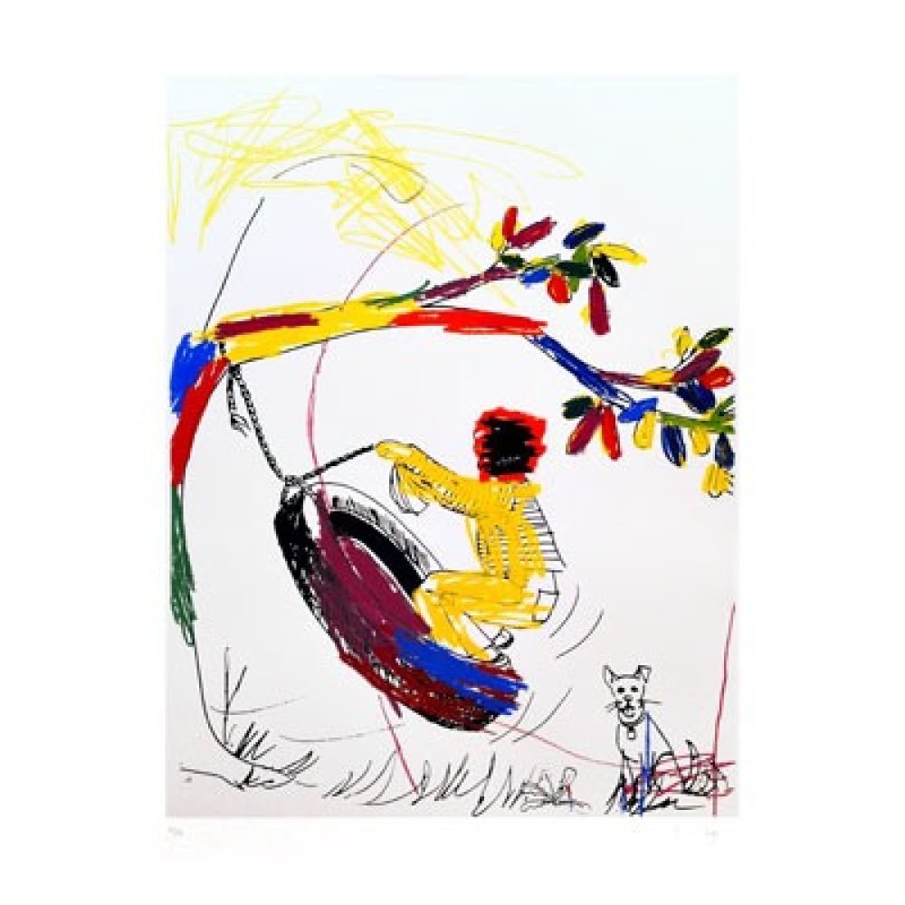 A colorful depiction of a child on a yellow swing with a small dog nearby, framed by a multicolored tree branch. Alt-text generated by AI.