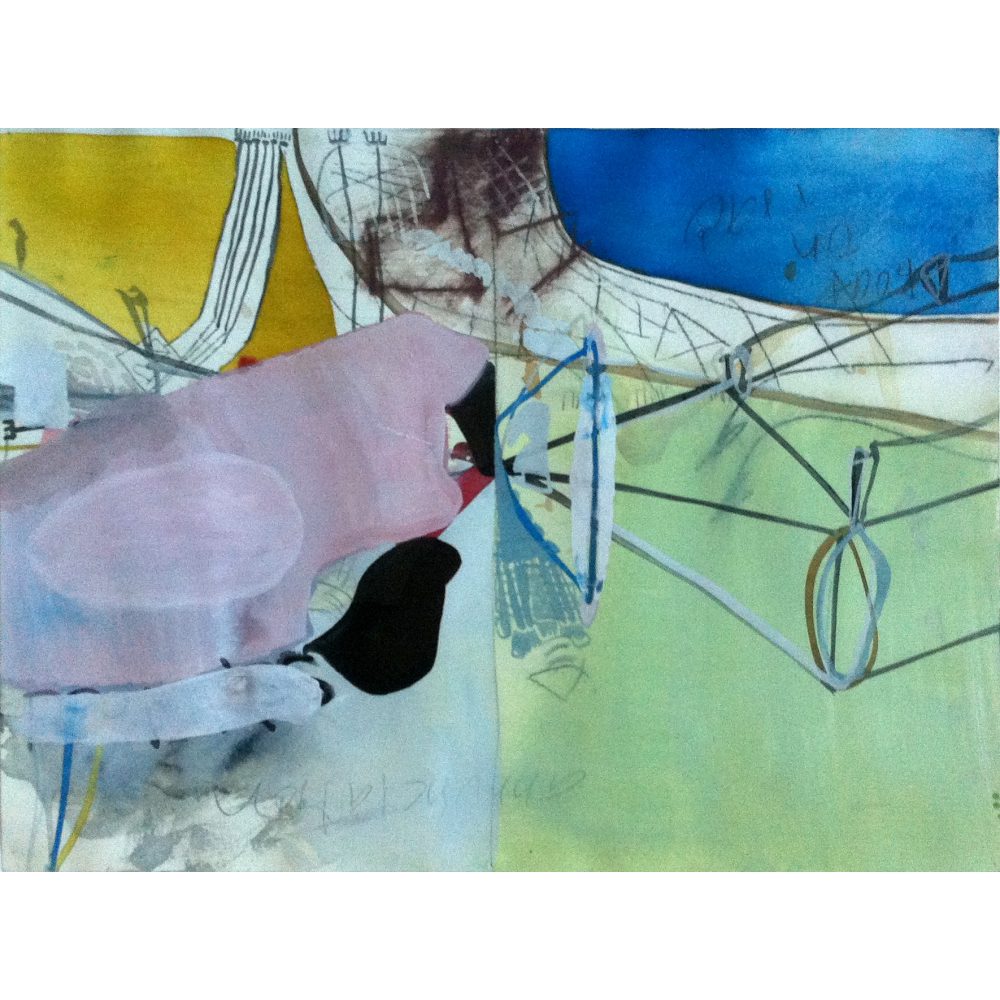 An abstract painting with geometric shapes and varied colors, including pink, blue, yellow, and green. Alt-text generated by AI.