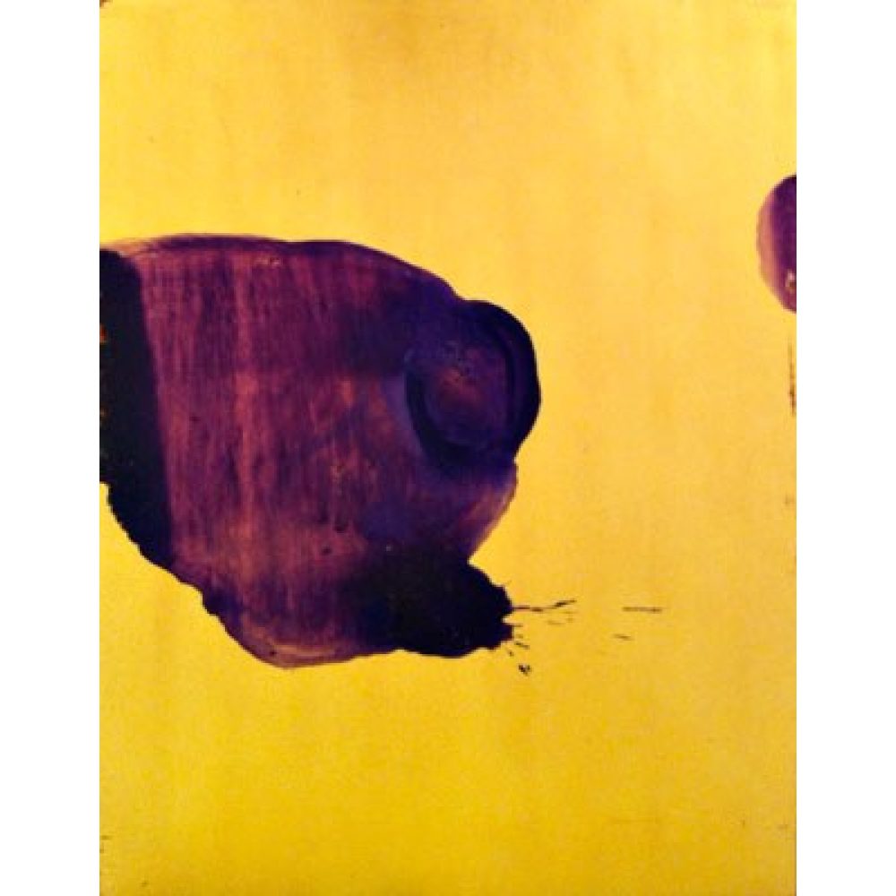 Abstract painting with one large and one small dark purple shape on a yellow background. Alt-text generated by AI.