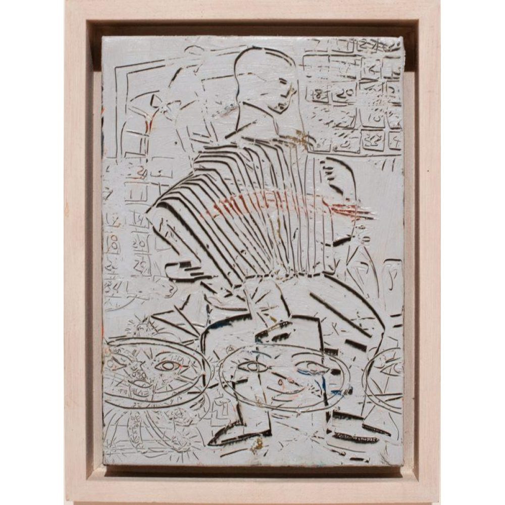Textured artwork of a person playing an accordion, surrounded by abstract patterns. Alt-text generated by AI.