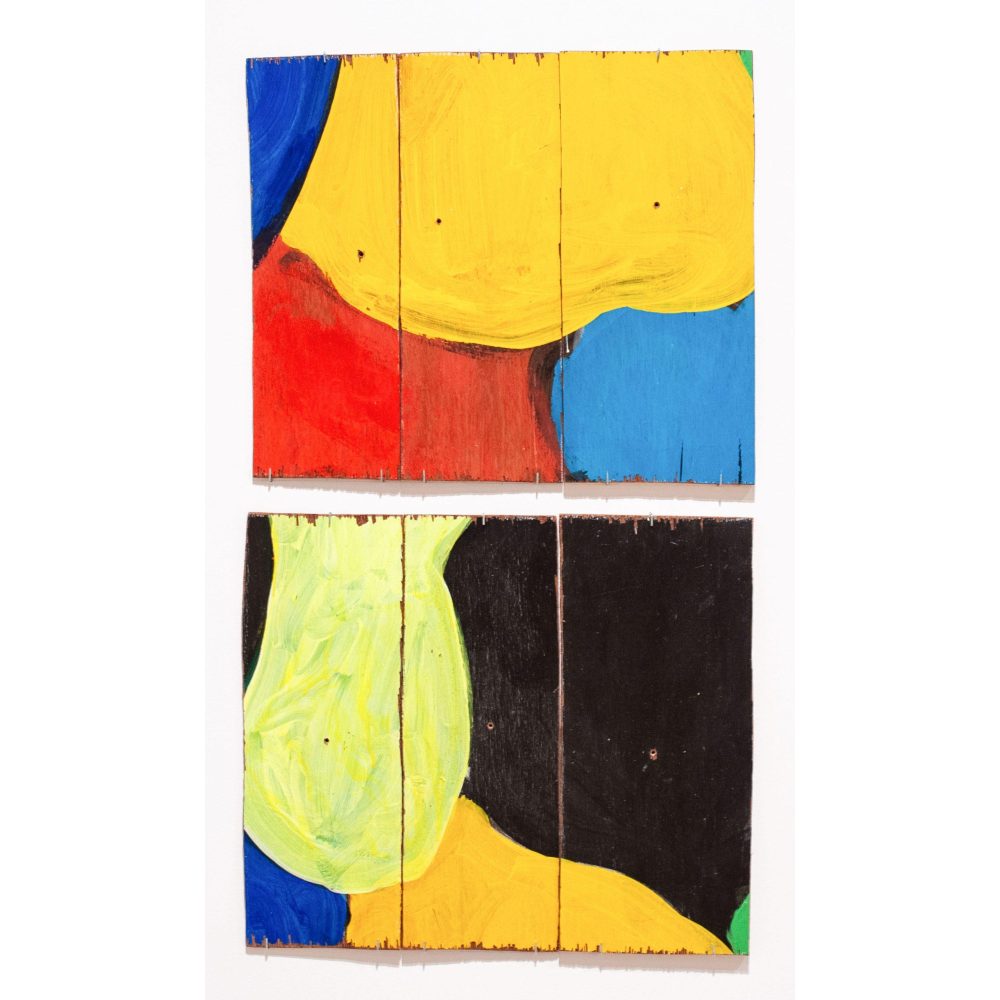 Vertical diptych with abstract colorful forms in red, blue, yellow, green, and black. Alt-text generated by AI.