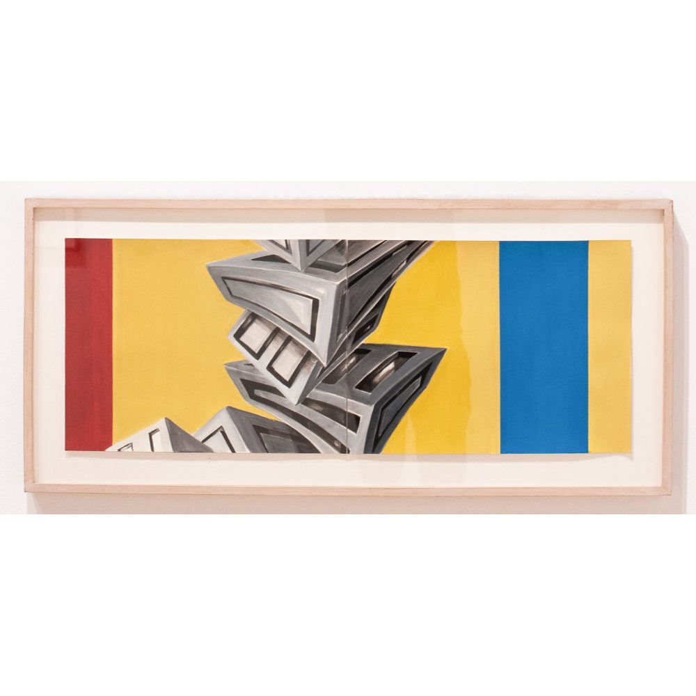 Abstract artwork with geometric gray shapes on a red, yellow, and blue striped background. Alt-text generated by AI.
