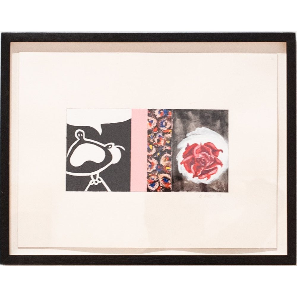 Framed artwork with three vertical sections: black and white abstract depiction of a Peanuts character, pink stripe, and colorful abstract pattern with a red rose. Alt-text generated by AI.