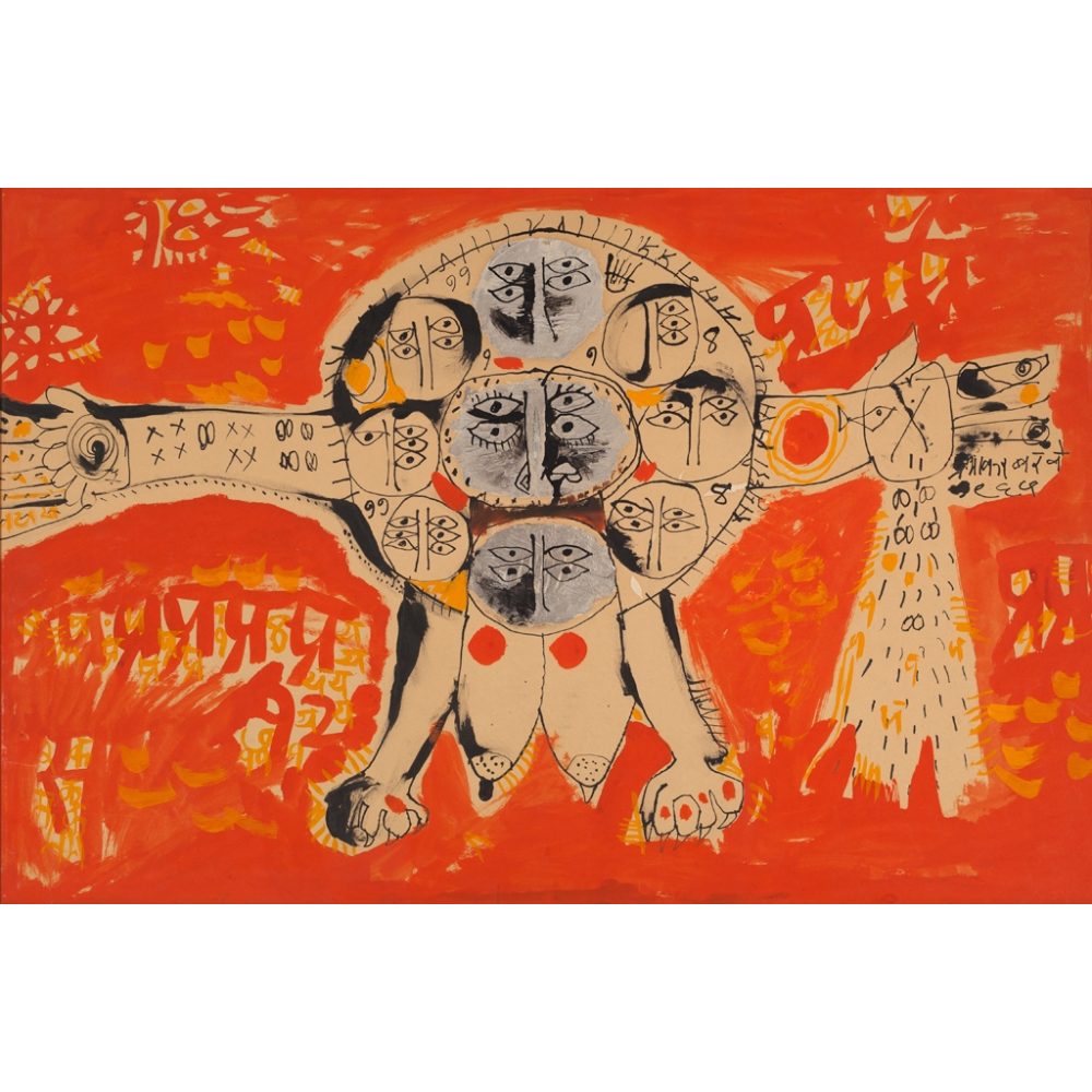 Abstract red painting featuring a stylized turtle with multiple faces and textual elements. Alt-text generated by AI.