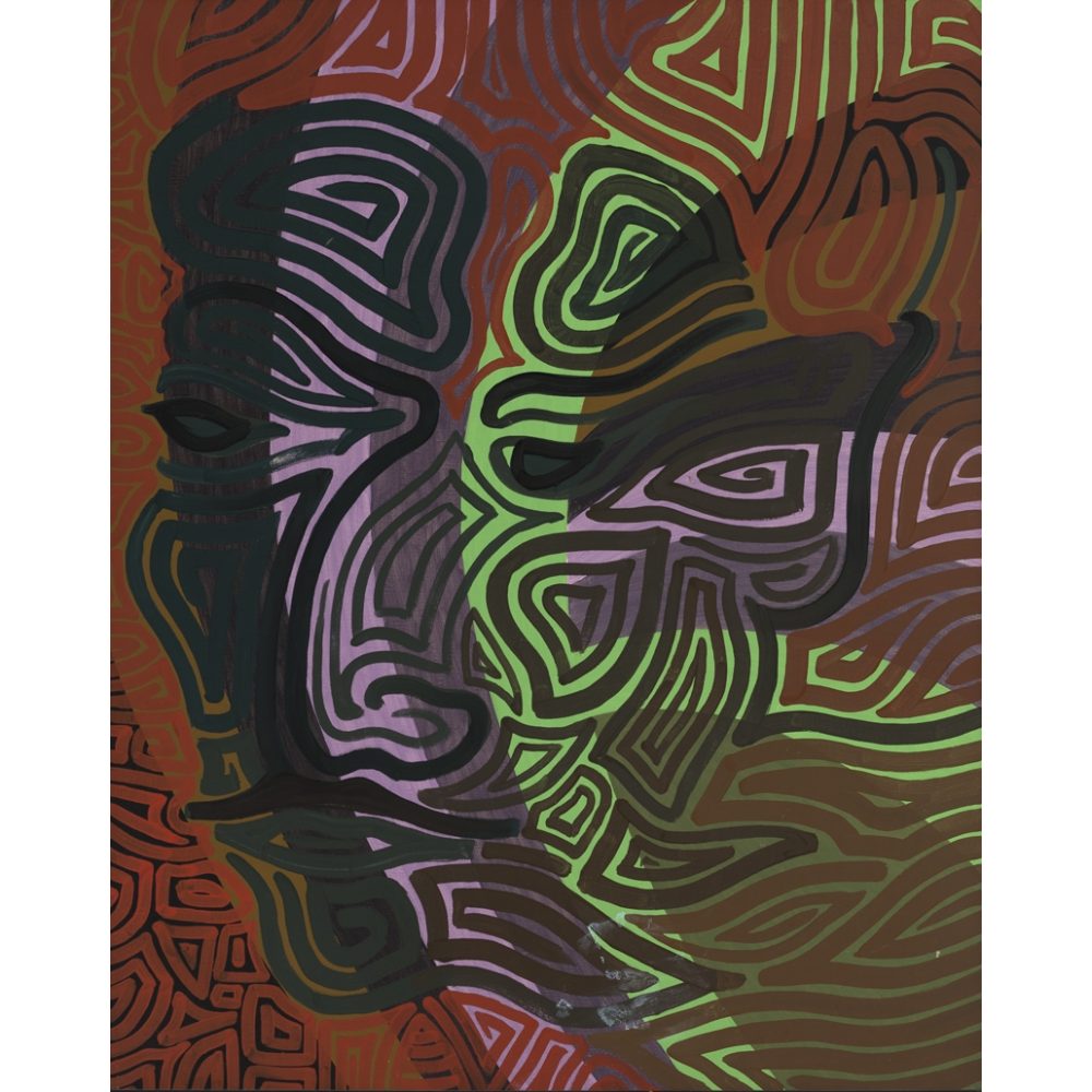 Abstract artwork with swirling, colorful patterns suggesting facial features. Alt-text generated by AI.