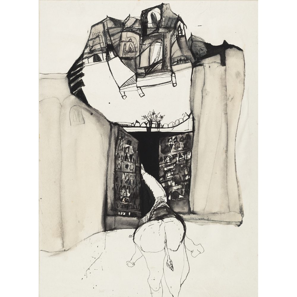 Surreal monochrome illustration of an abstract building and a creature resembling a camel or horse viewed from the back. Alt-text generated by AI.