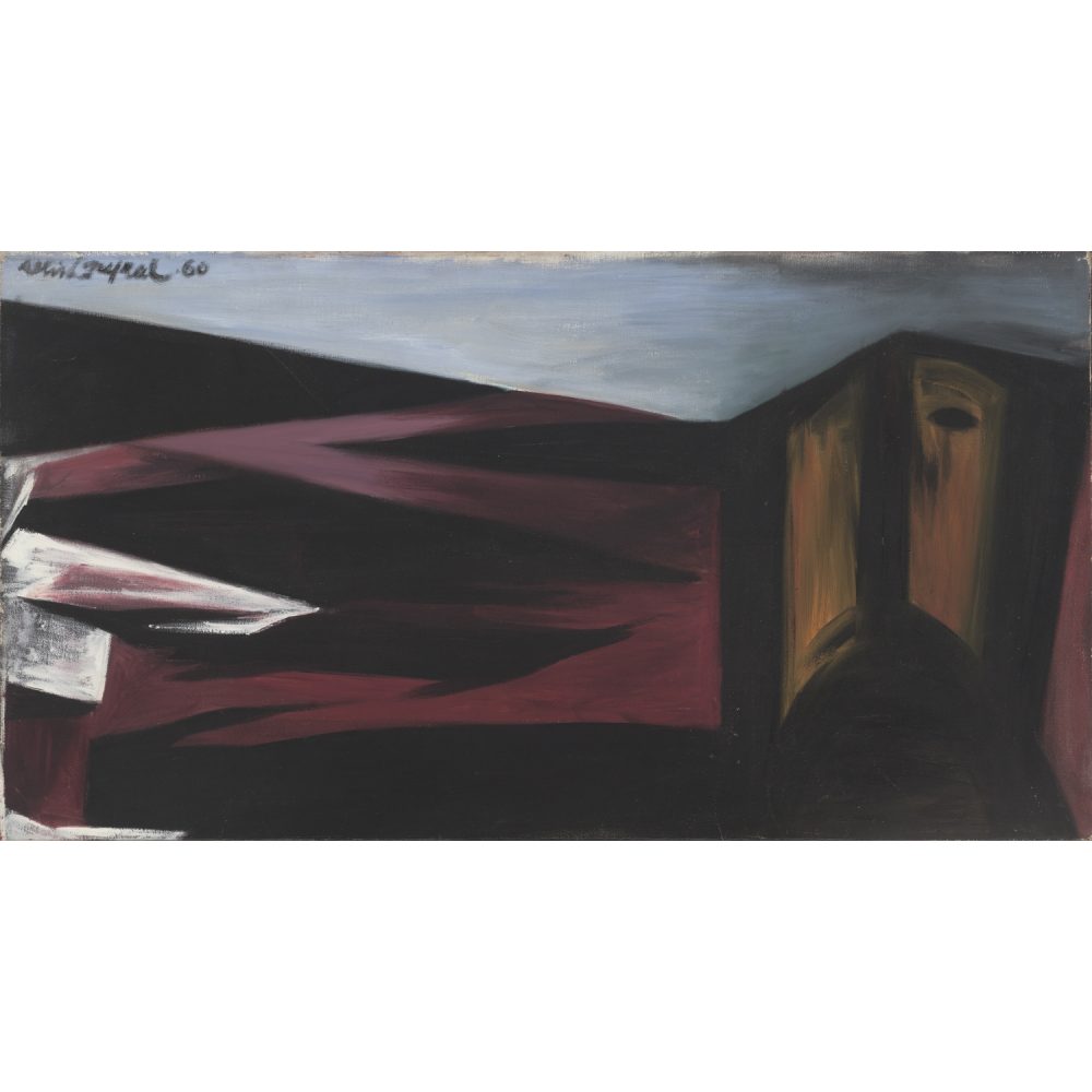 Abstract painting with dark angular and vertical forms on a blended gray-blue background. Alt-text generated by AI.