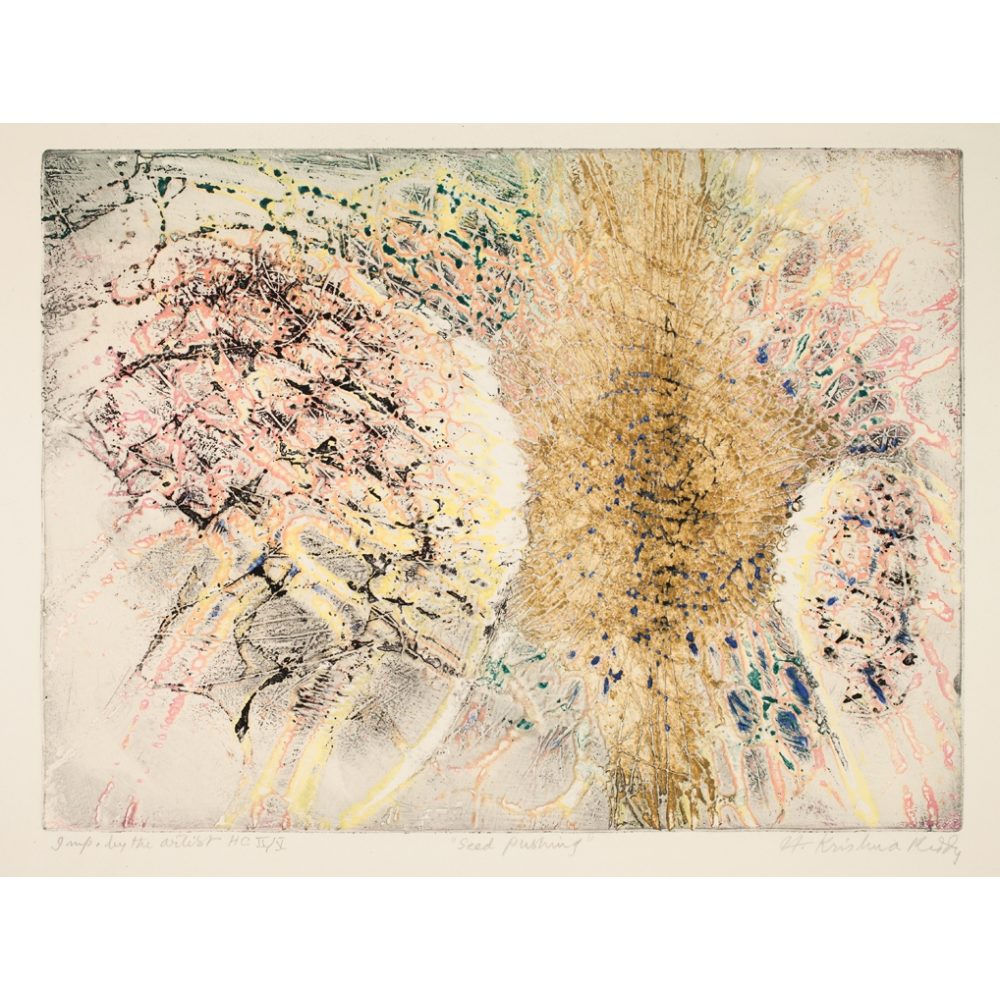 An abstract artwork with a central brown textured shape surrounded by colorful patterns and intricate lines. Alt-text generated by AI.