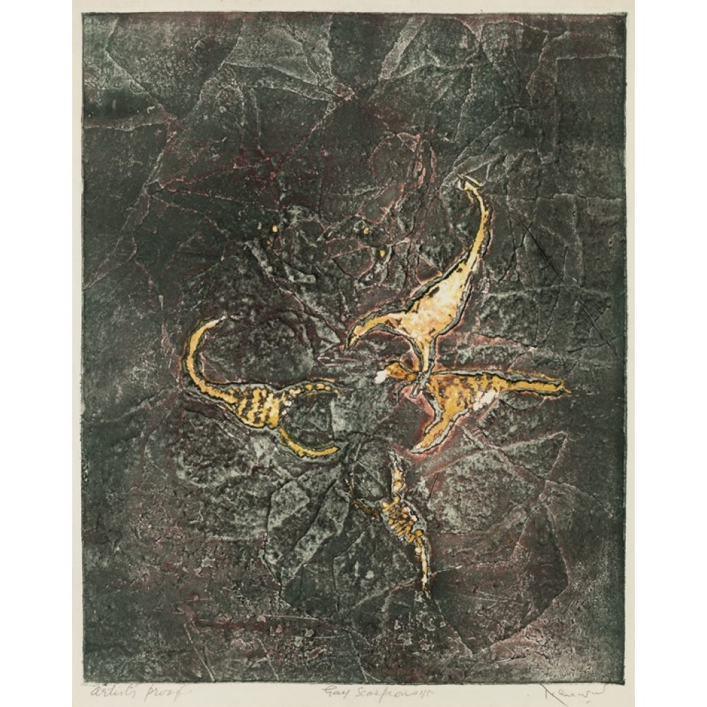 Abstract artwork with three textured, orange and yellow shapes on a dark, cracked background. Alt-text generated by AI.