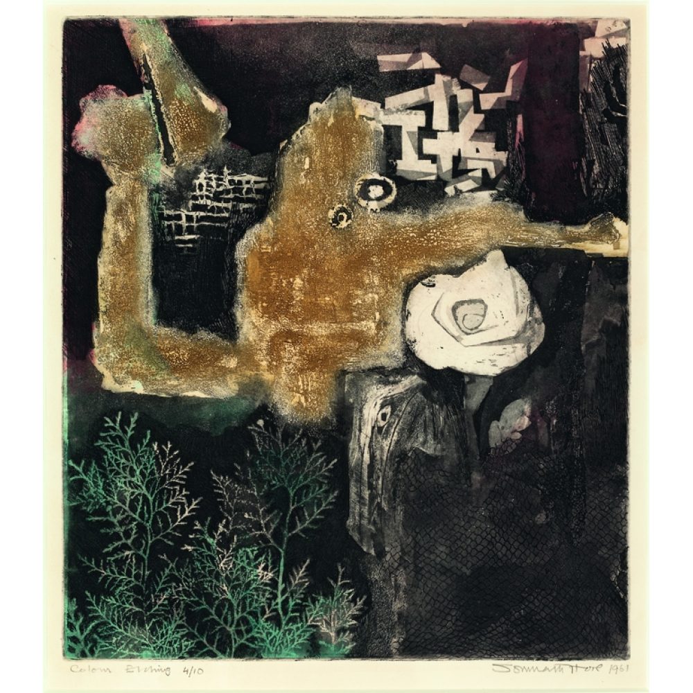 Abstract artwork with textured brown, white, and green forms against a dark background. Alt-text generated by AI.
