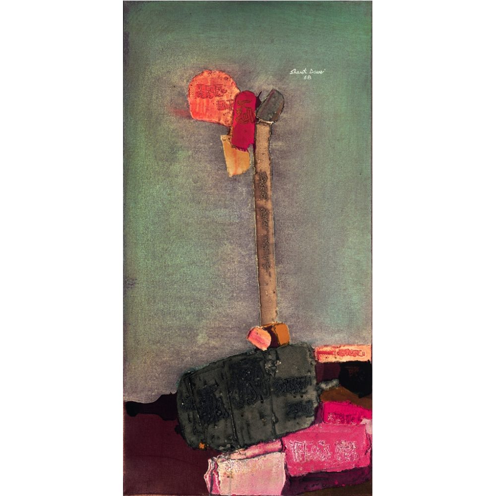 Abstract painting with a vertical post-like structure adorned with colored shapes and inscriptions on a muted background. Alt-text generated by AI.