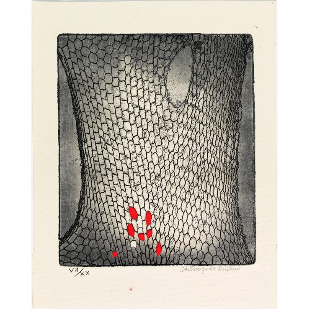 Abstract artwork with a black and gray mesh pattern and red blotches. Alt-text generated by AI.
