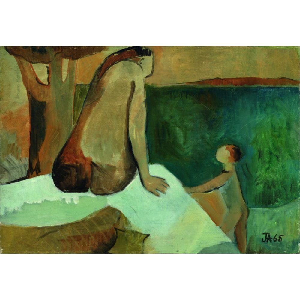 Abstract painting of two figures in a natural setting, with earthy tones and textured background. Alt-text generated by AI.