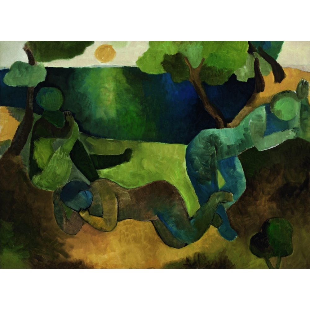 Abstract scene with three human-like figures in a green and blue landscape. Alt-text generated by AI.