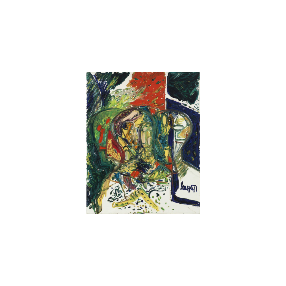 An abstract painting with vivid colors and dynamic brushstrokes, featuring a mix of green, blue, red, and yellow hues. alt-text generated by AI