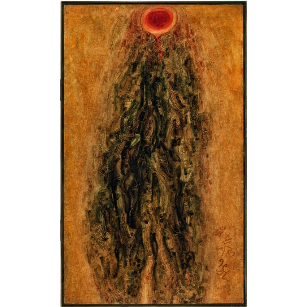 Abstract painting of a dark, textured form with a red orb above, on an earthy background. Alt-text generated by AI.