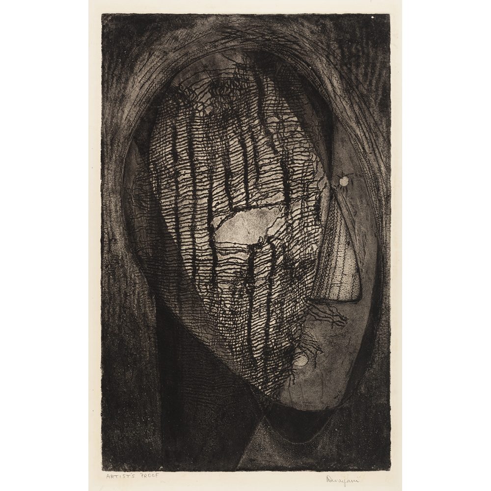 Abstract artwork with a textured, dark-toned face and vertical lines. Alt-text generated by AI.