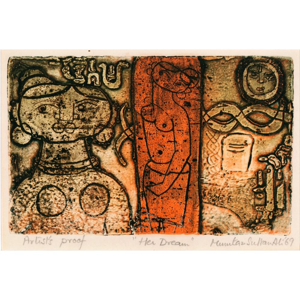 Abstract artwork featuring stylized figures and symbolic motifs in earthy tones. Alt-text generated by AI.