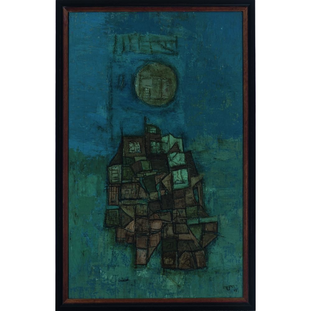 Abstract painting with geometric shapes in green and brown against a blue background. Includes a circular shape at the top. Alt-text generated by AI.