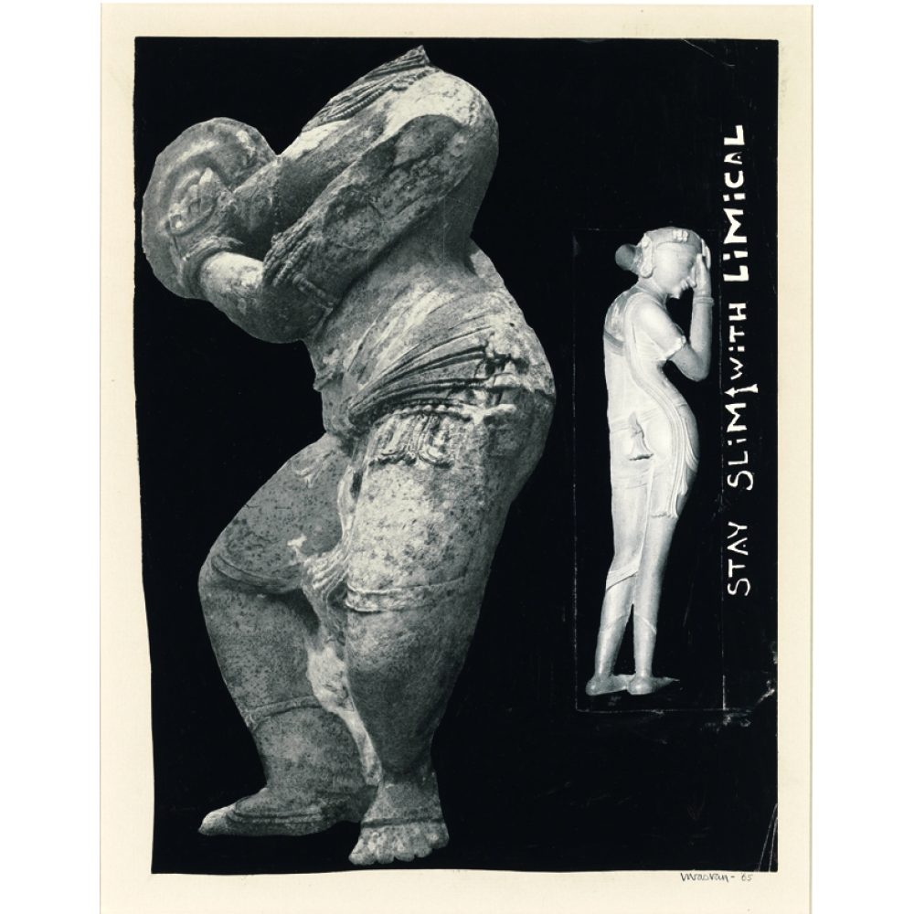 A composition of two contrasting sculptures; a large, weathered stone figure and a small, smooth metallic female figure on a black background. Alt-text generated by AI.