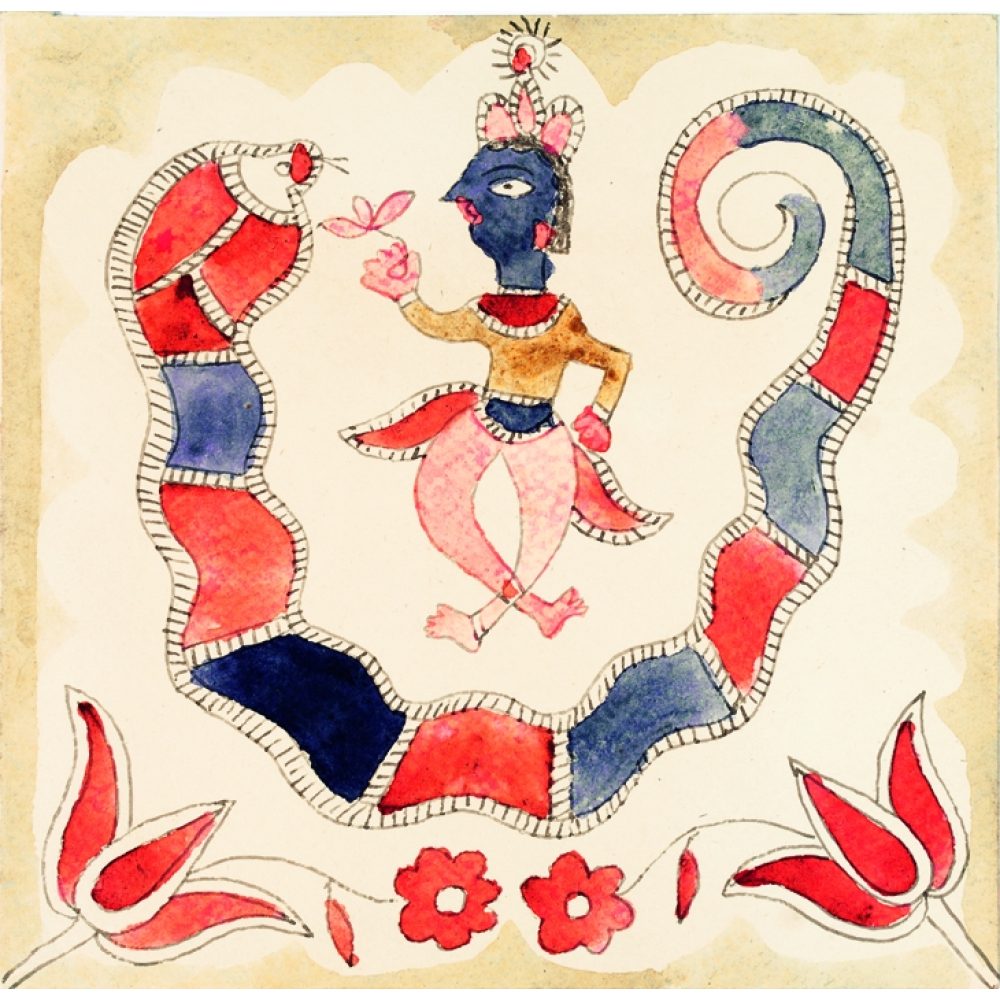 Artwork depicting a blue-skinned figure with a butterfly and a large red and blue serpent. Alt-text generated by AI.