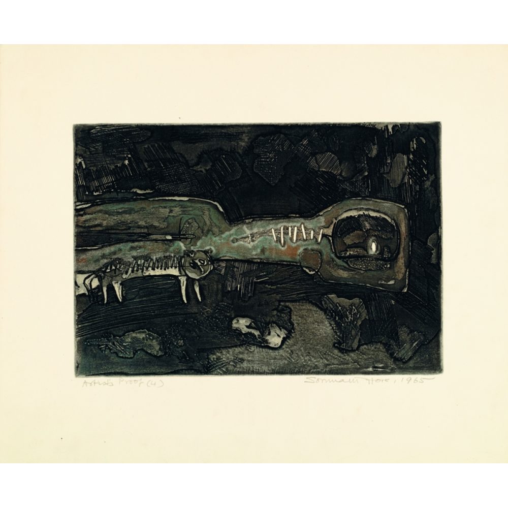 Abstract depiction of a reclining figure in earthy tones against a dark textured background. Alt-text generated by AI.