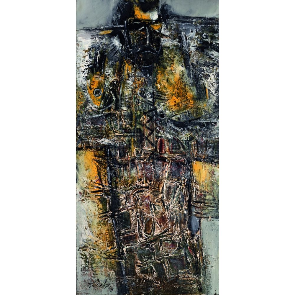 An abstract expressionistic painting with textured brushstrokes in black, grey, yellow, and orange. Alt-text generated by AI.