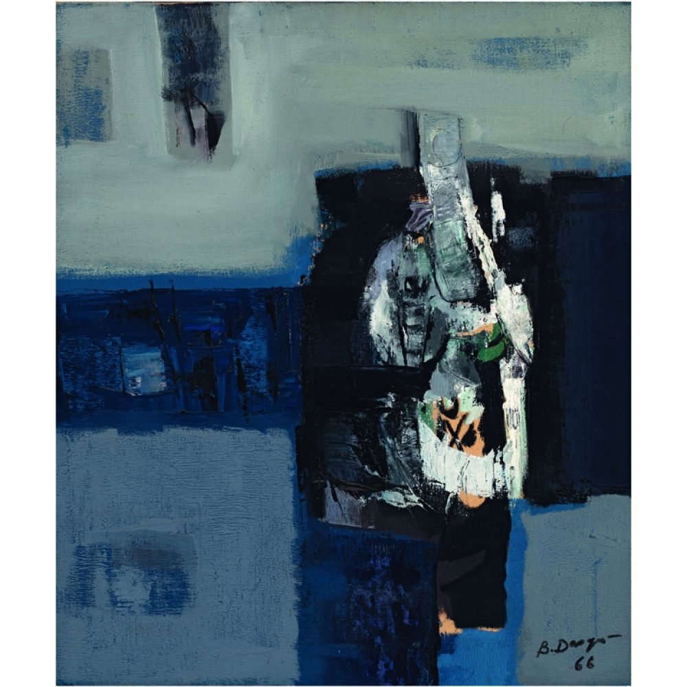 Abstract painting with geometric shapes in blue, black, white, and green tones. Alt-text generated by AI.