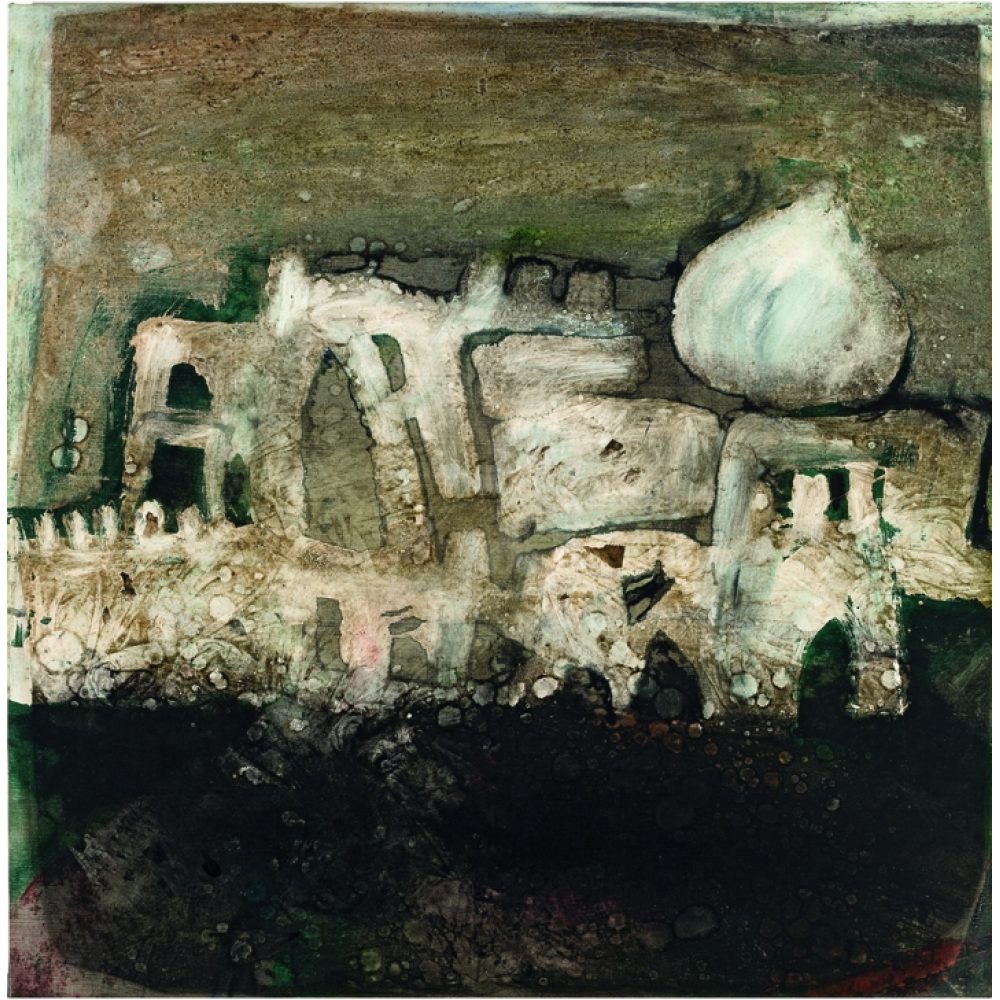 Abstract painting with earthy colors and stone-like shapes. Alt-text generated by AI.