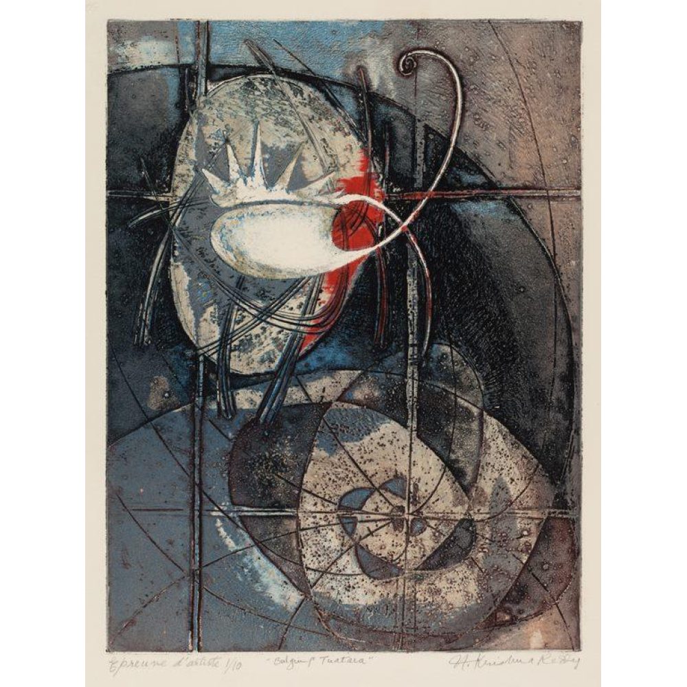 Abstract artwork with geometric shapes, textured surfaces, and intersecting lines in shades of gray, red, blue, and black. Alt-text generated by AI.