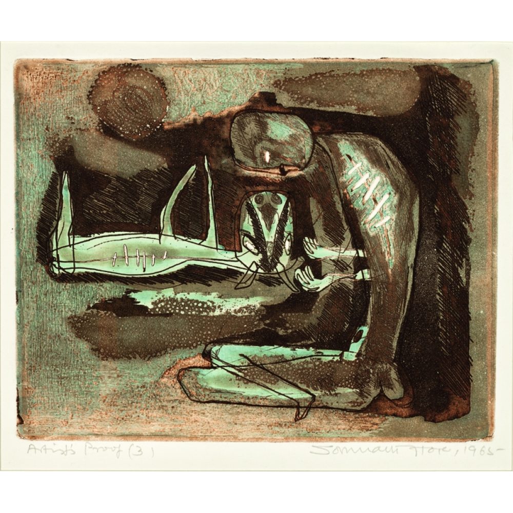 Abstract artwork of a humanoid figure crouching over an animal form, set against a textured green and brown background. Alt-text generated by AI.