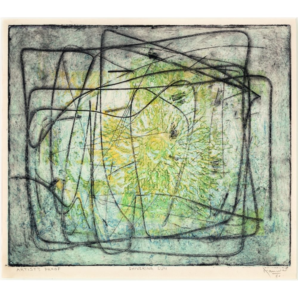 Abstract artwork with yellow and green sunburst pattern and black overlapping lines on a muted background. Alt-text generated by AI.