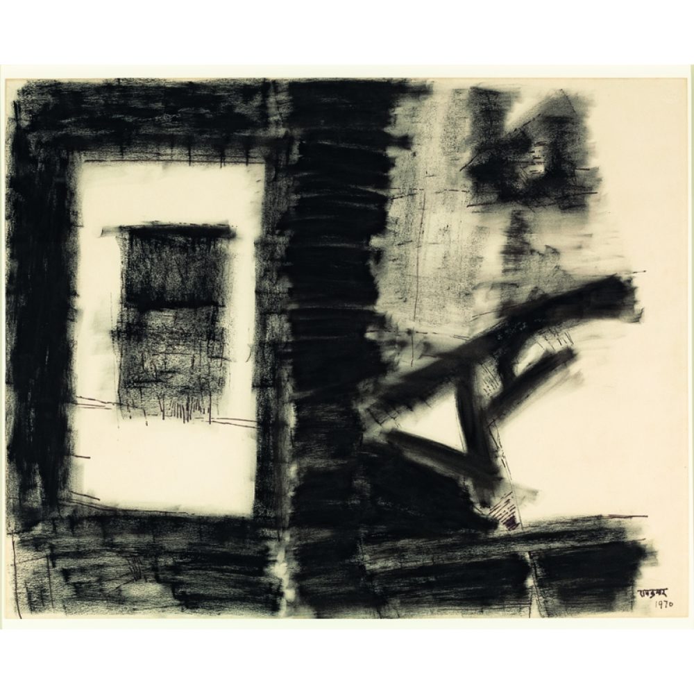 Abstract artwork with bold black strokes on a light background, featuring rectangular and diagonal shapes. Alt-text generated by AI.
