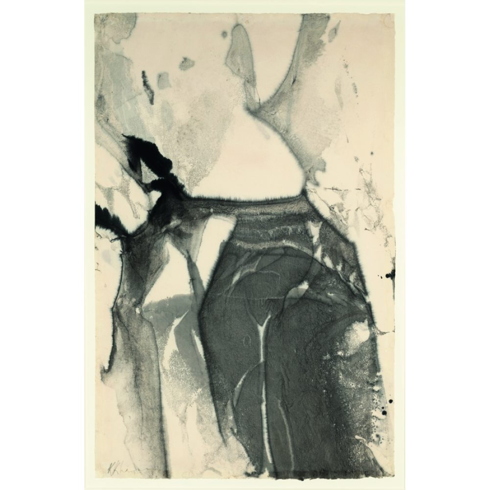 Abstract black and white painting with flowing forms suggesting human contours. Alt-text generated by AI.