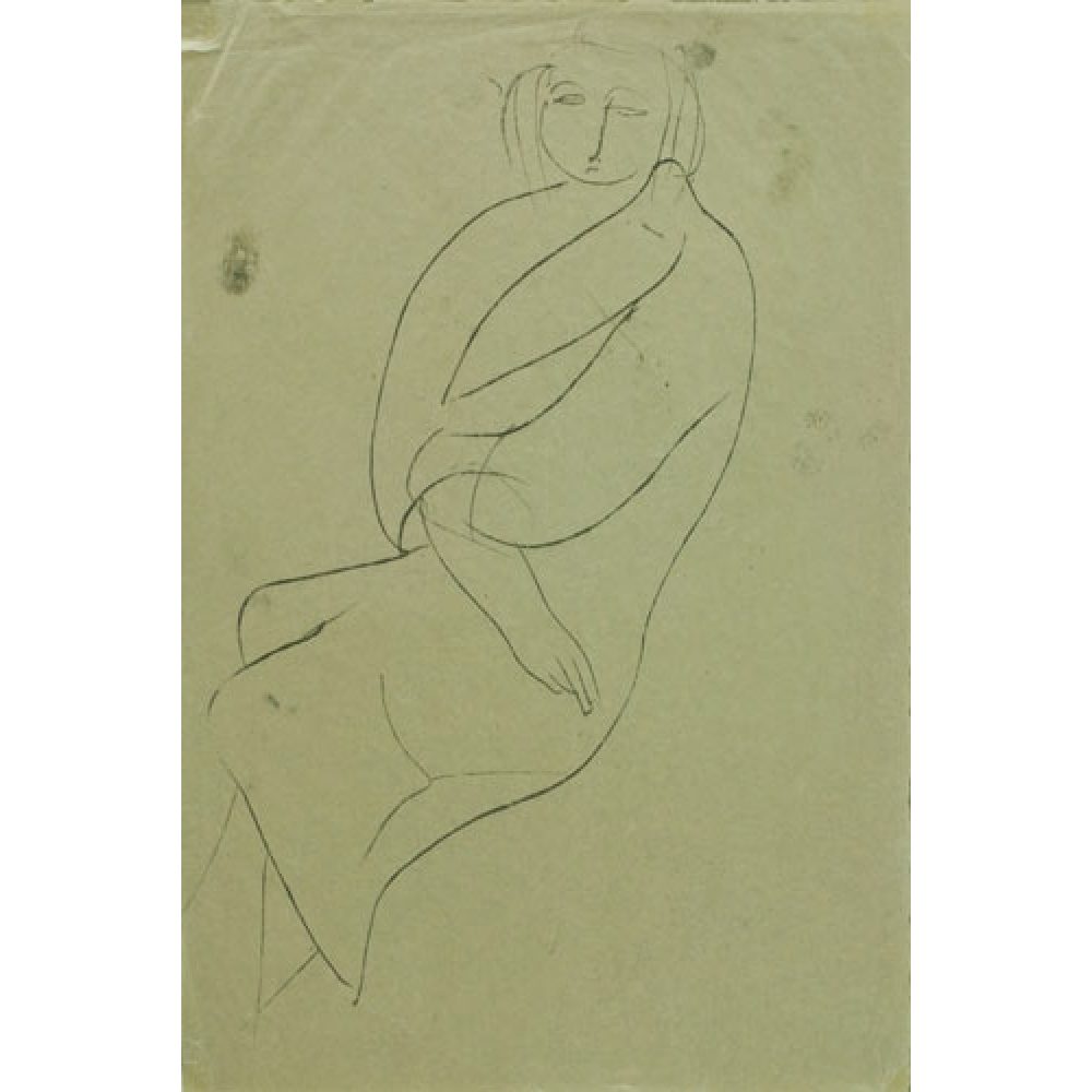 Minimalist line drawing of a seated woman on a beige background.