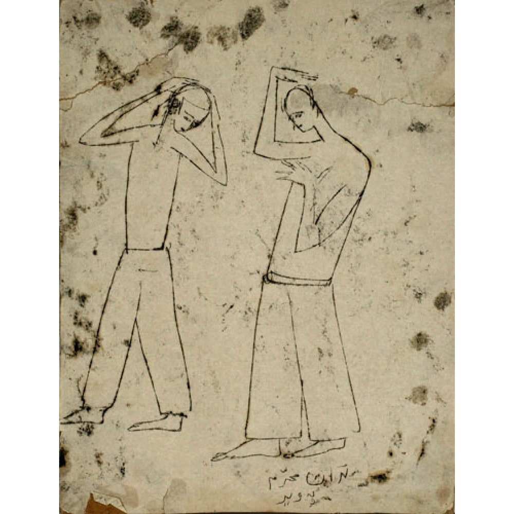 Abstract drawing of two standing figures with elongated bodies, they're arms reached towards their respective heads, on aged paper.