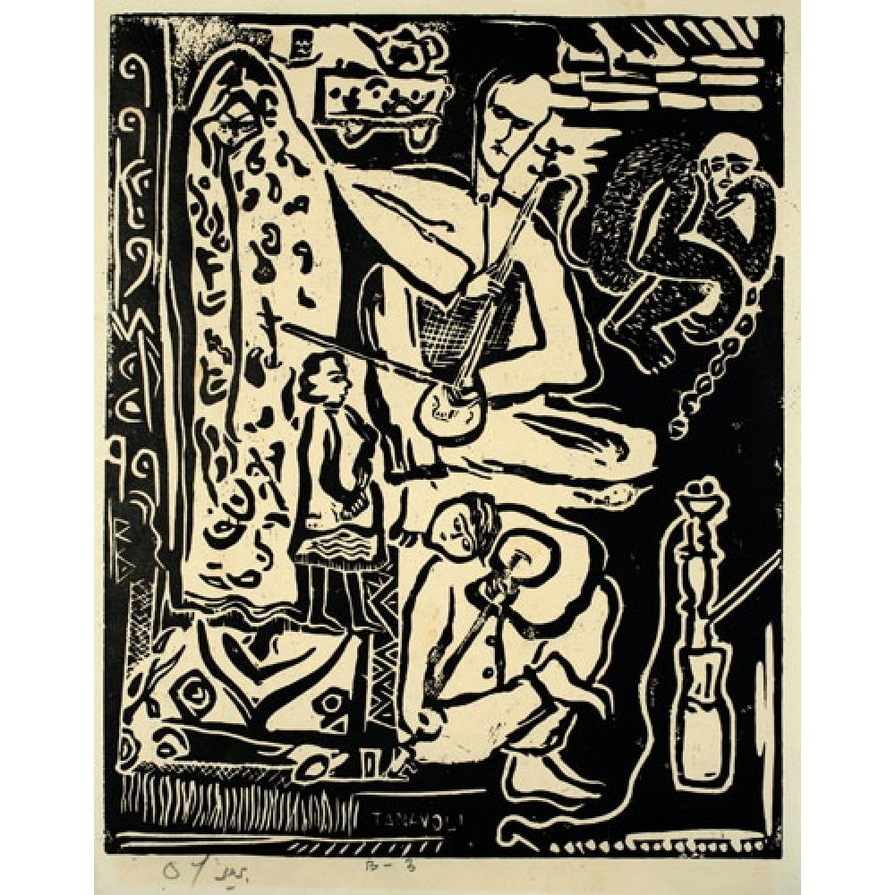 Woodcut illustration of a Persian tea house scene with musicians and a hookah.