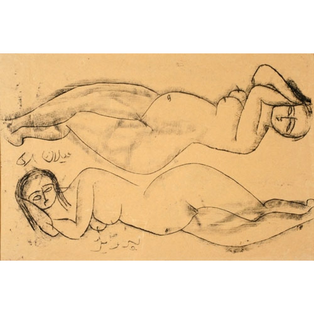 Minimal line drawing of two reclining nude female figures, one on the top half of the paper and one on the bottom half, with scattered Persian calligraphic text
