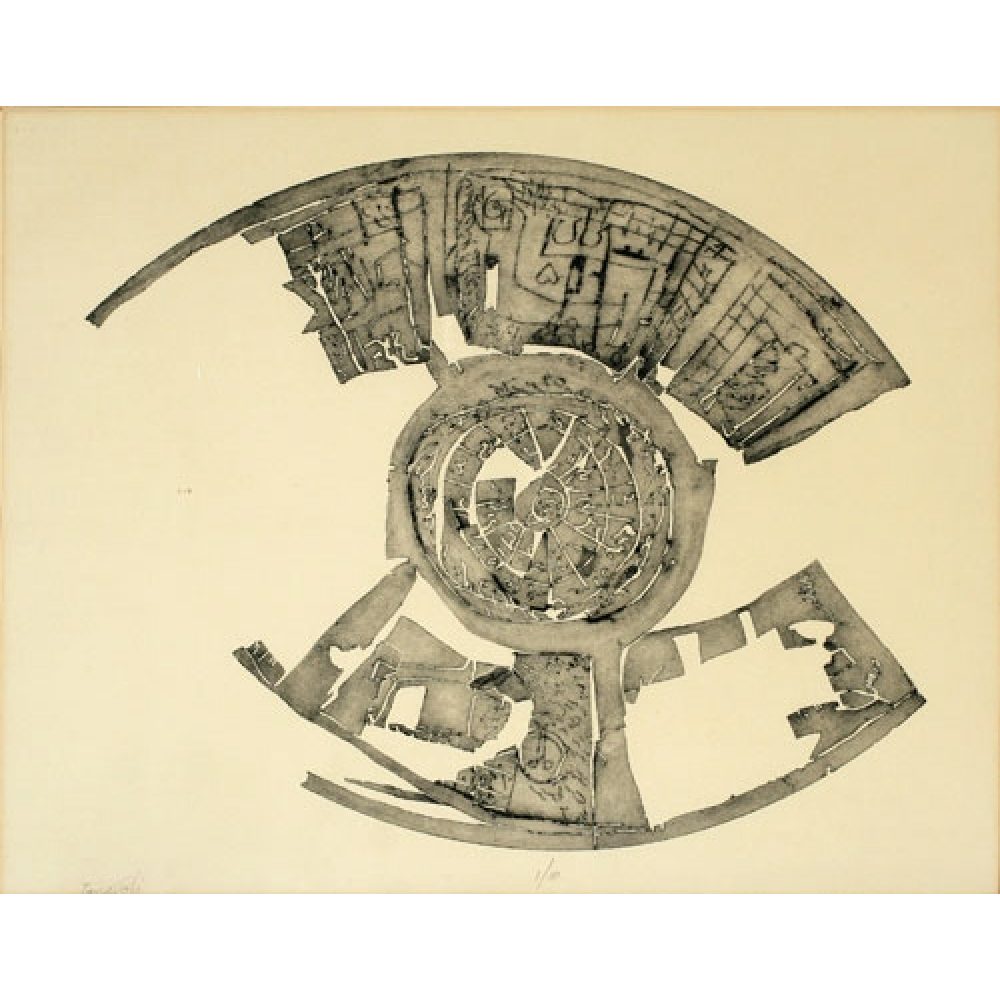 Abstract circular design resembling an eye with intricate patterns and fragmented outer sections.