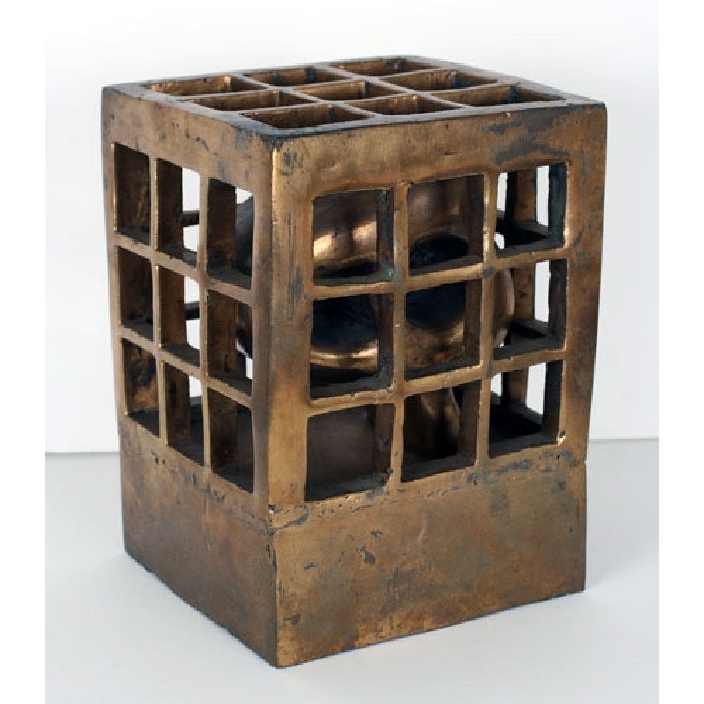 Bronze sculpture with a grid-like cage structure enclosing an abstract form.